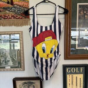 Vintage 1994 RARE Looney Tunes Tweety Bird Striped July 4th One‎ Piece Swimsuit
